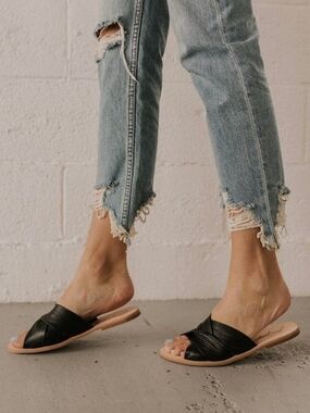 Free People Black Slide Sandals with Ribbed Tan Heel